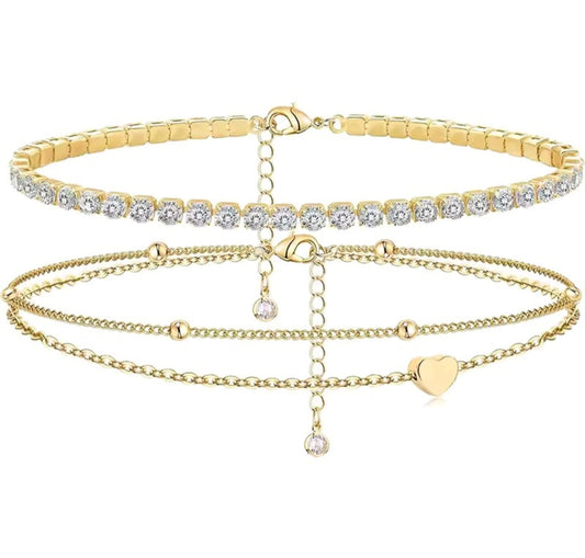 14k gold plated (waterproof) set of 2 anklet