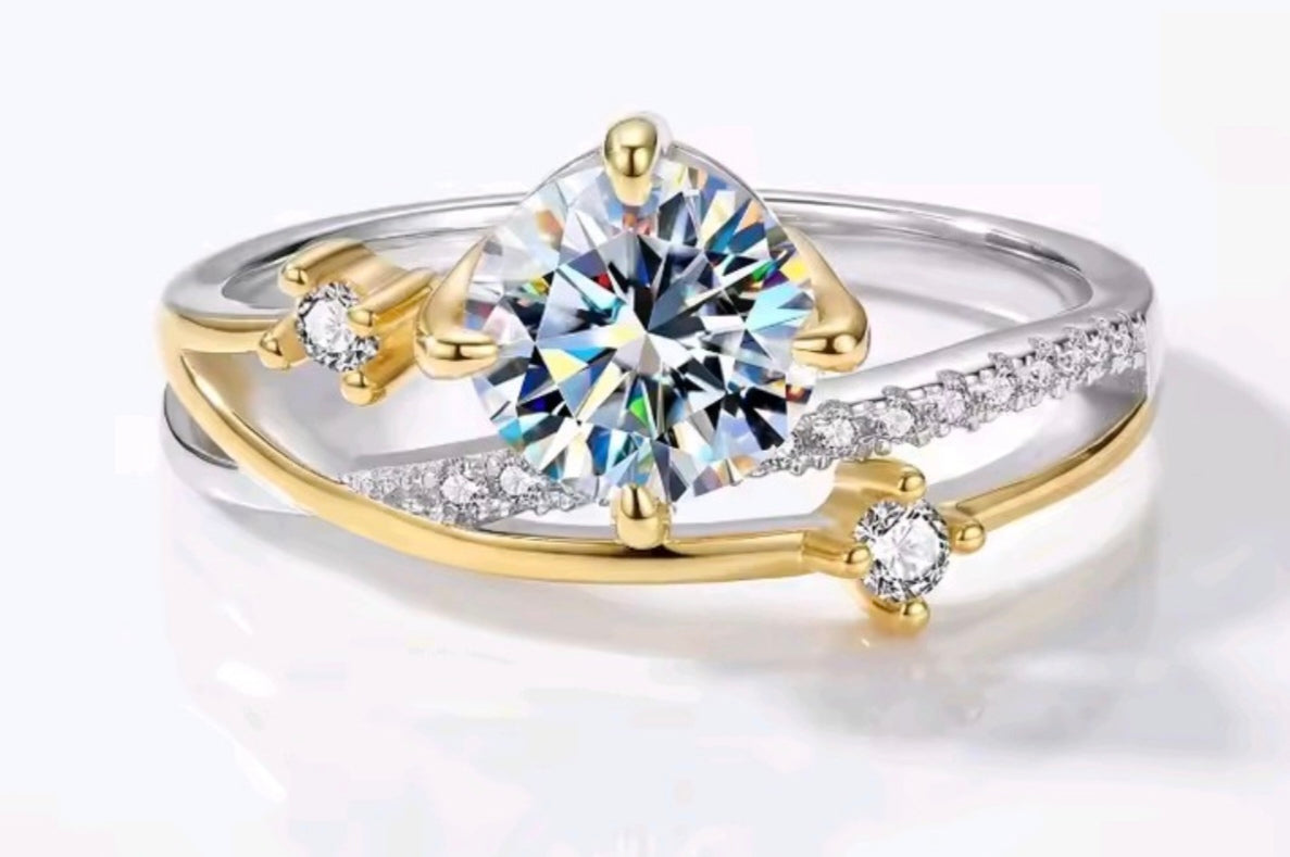 925 Sterling Silver 14K Gold Plated Two-Tone 1 Carat Moissanite Star & Moon Open Ring