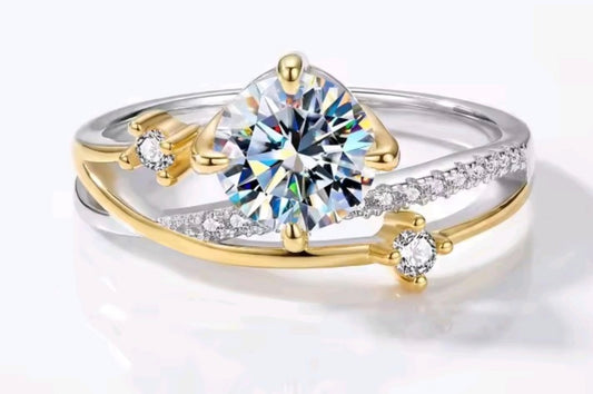 925 Sterling Silver 14K Gold Plated Two-Tone 1 Carat Moissanite Star & Moon Open Ring