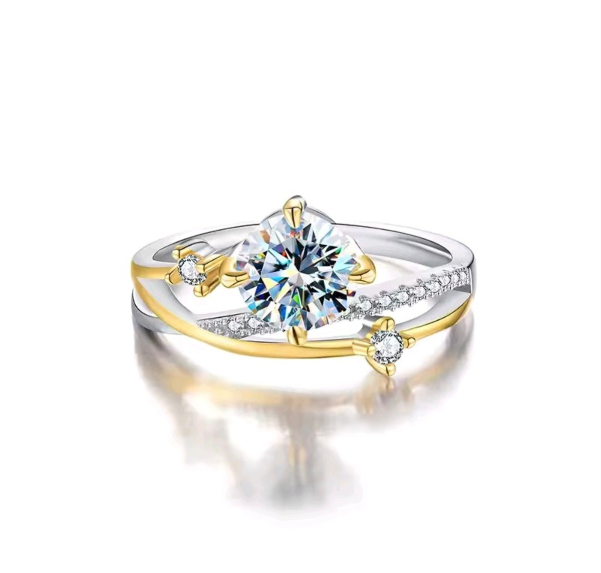 925 Sterling Silver 14K Gold Plated Two-Tone 1 Carat Moissanite Star & Moon Open Ring
