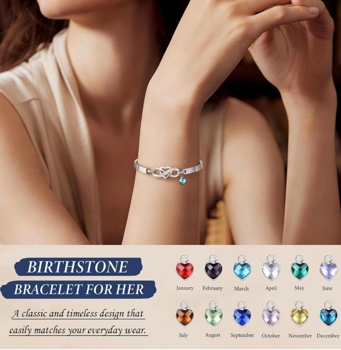 Heart Infinity Birthstone Charm Bracelet