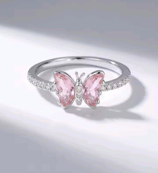 925 Sterling Silver pink butterfly ring