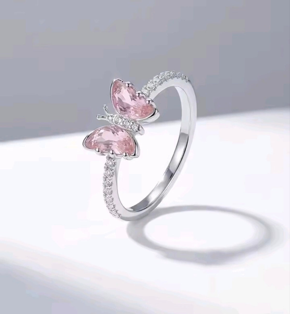 925 Sterling Silver pink butterfly ring