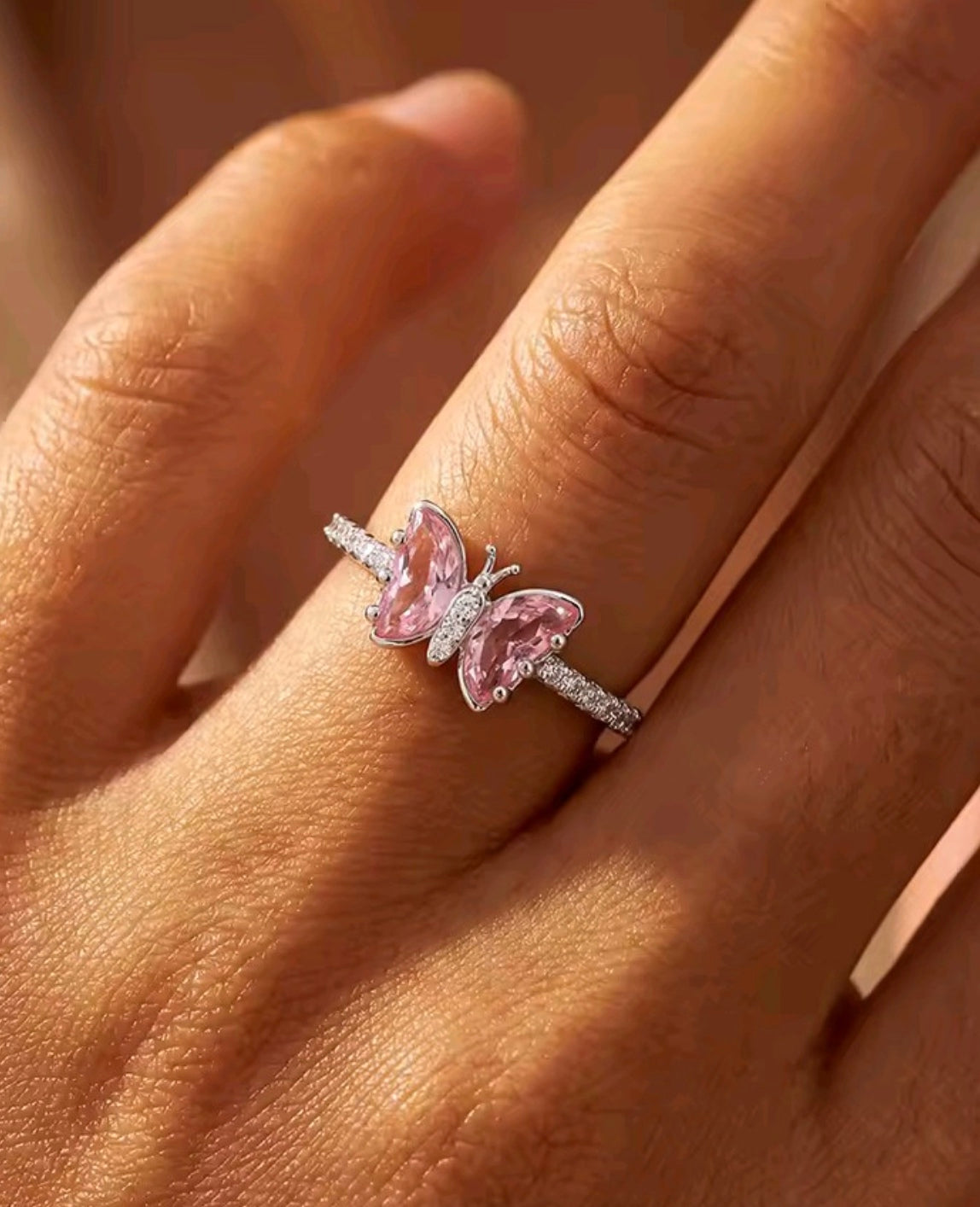 925 Sterling Silver pink butterfly ring