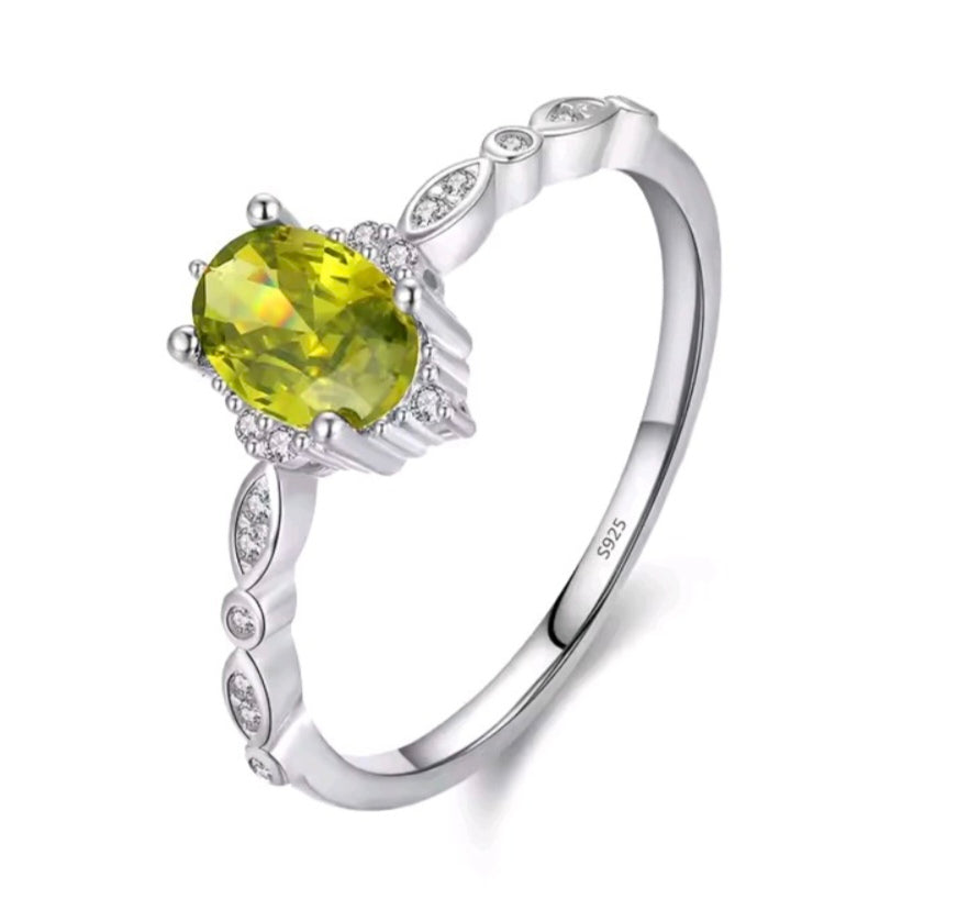 925 Sterling Silver Olive Green Peridot Crown Ring