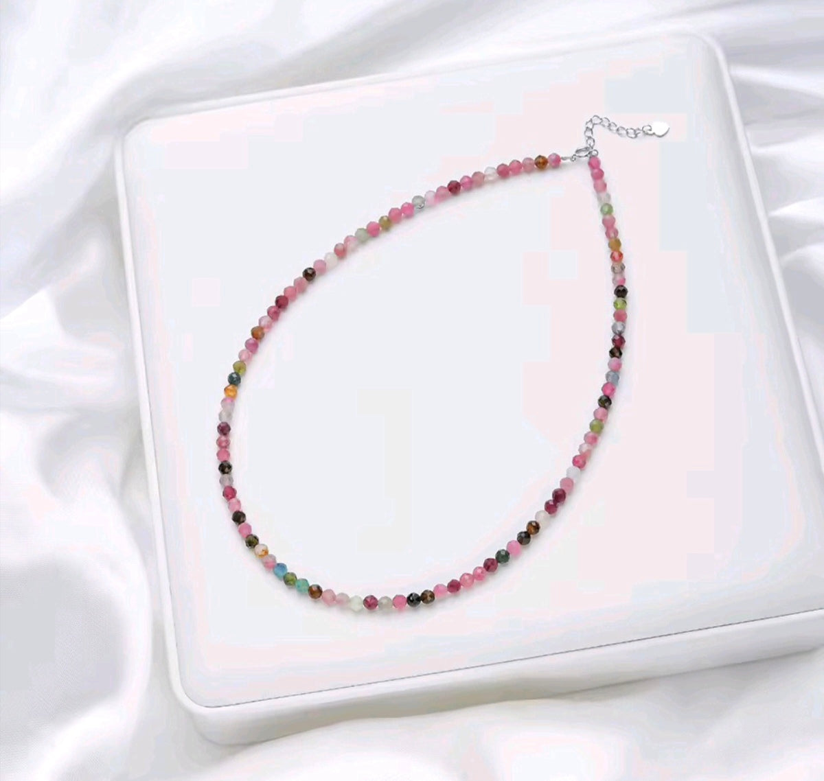 925 Sterling Silver Multicoloured Natural Stone Tourmaline Beaded Necklace