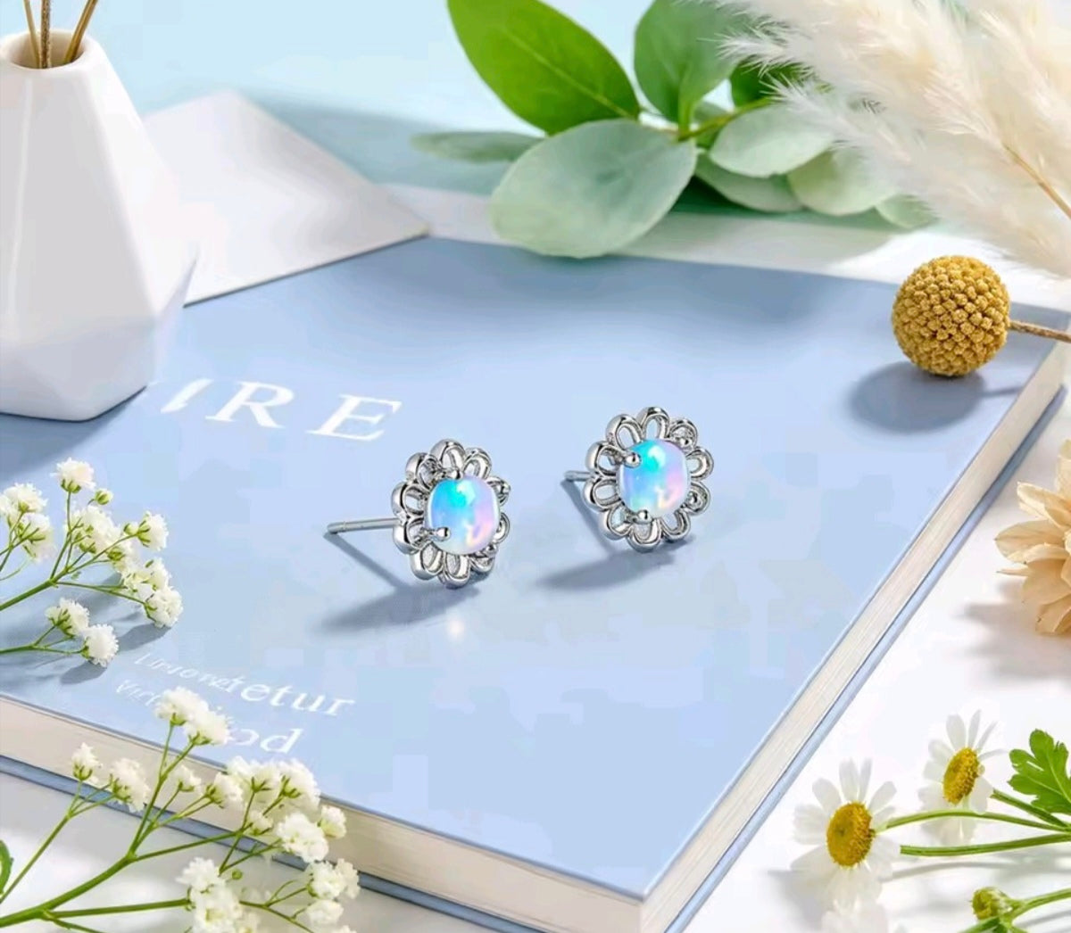 925 Sterling Silver moonstone flower stud earrings