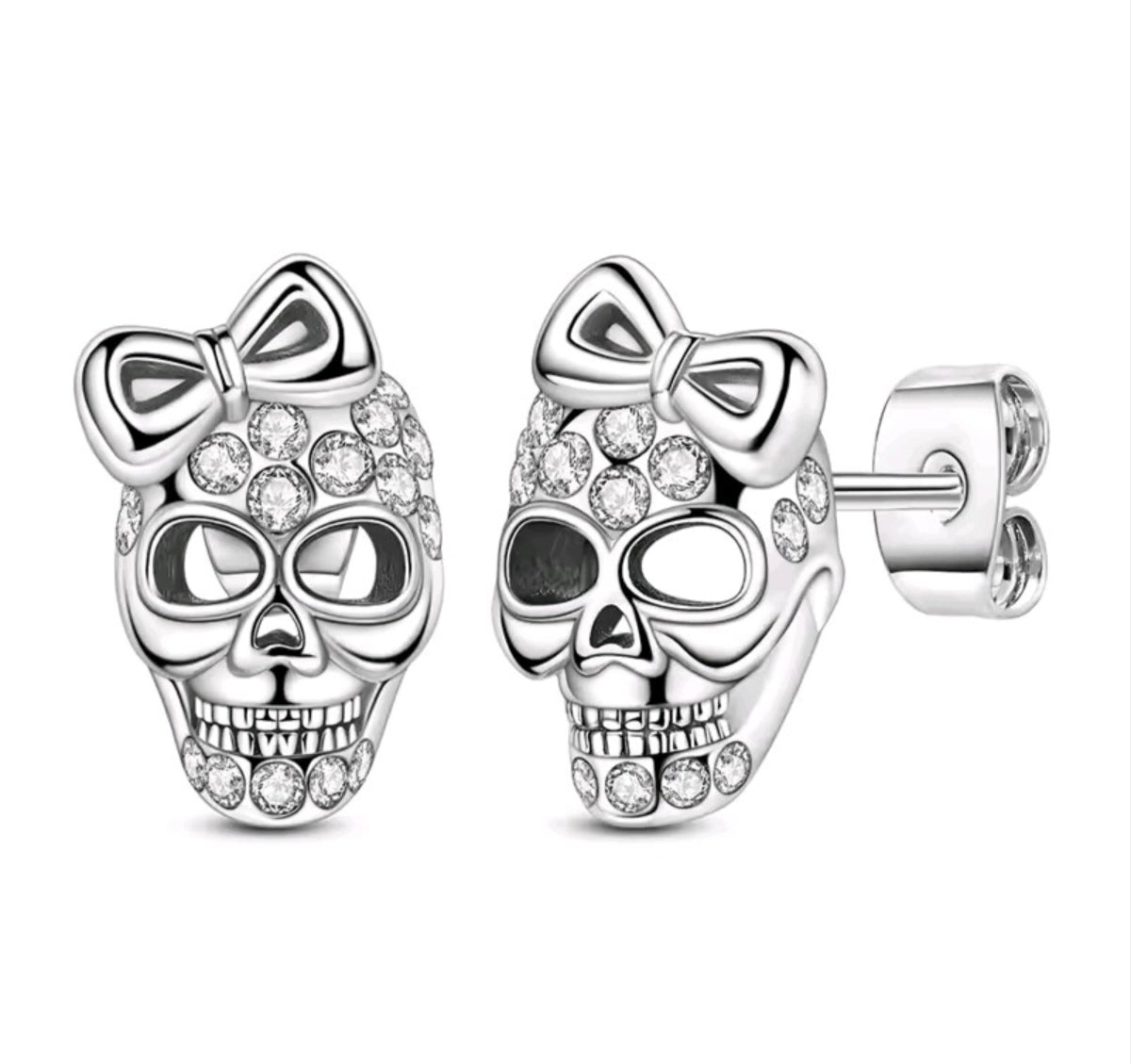 925 Sterling Silver bow skull stud earrings