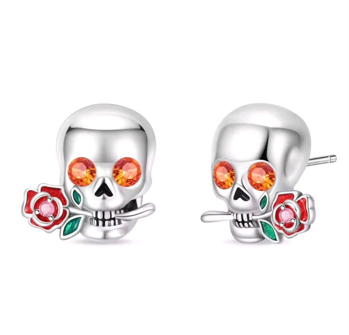 925 Sterling Silver  Skull Earrings with Rose & Gemstone Eyes
