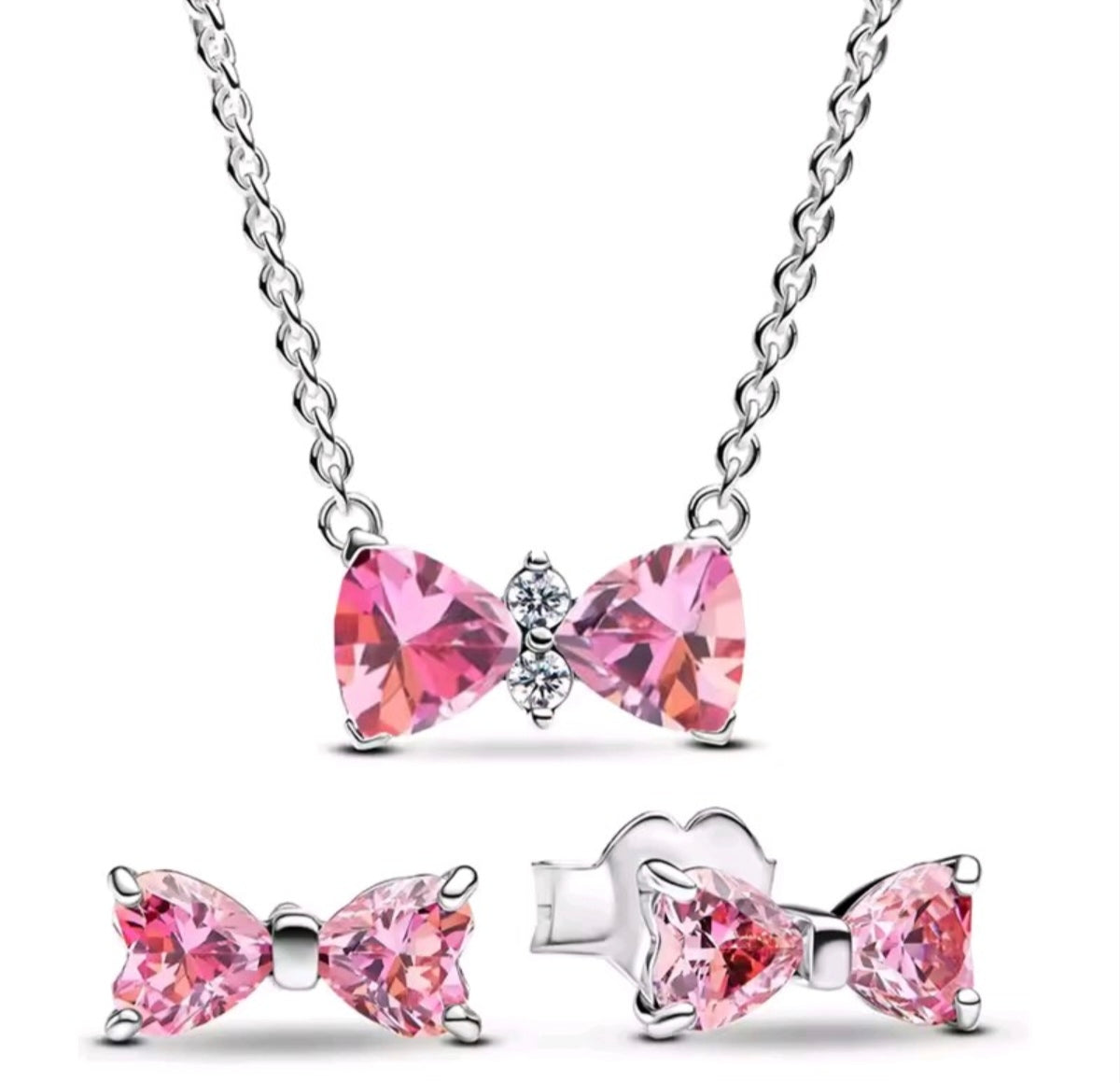 925 Sterling Silver Pink bow necklace and earrings set