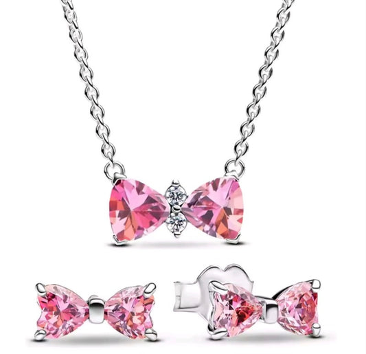 925 Sterling Silver Pink bow necklace and earrings set