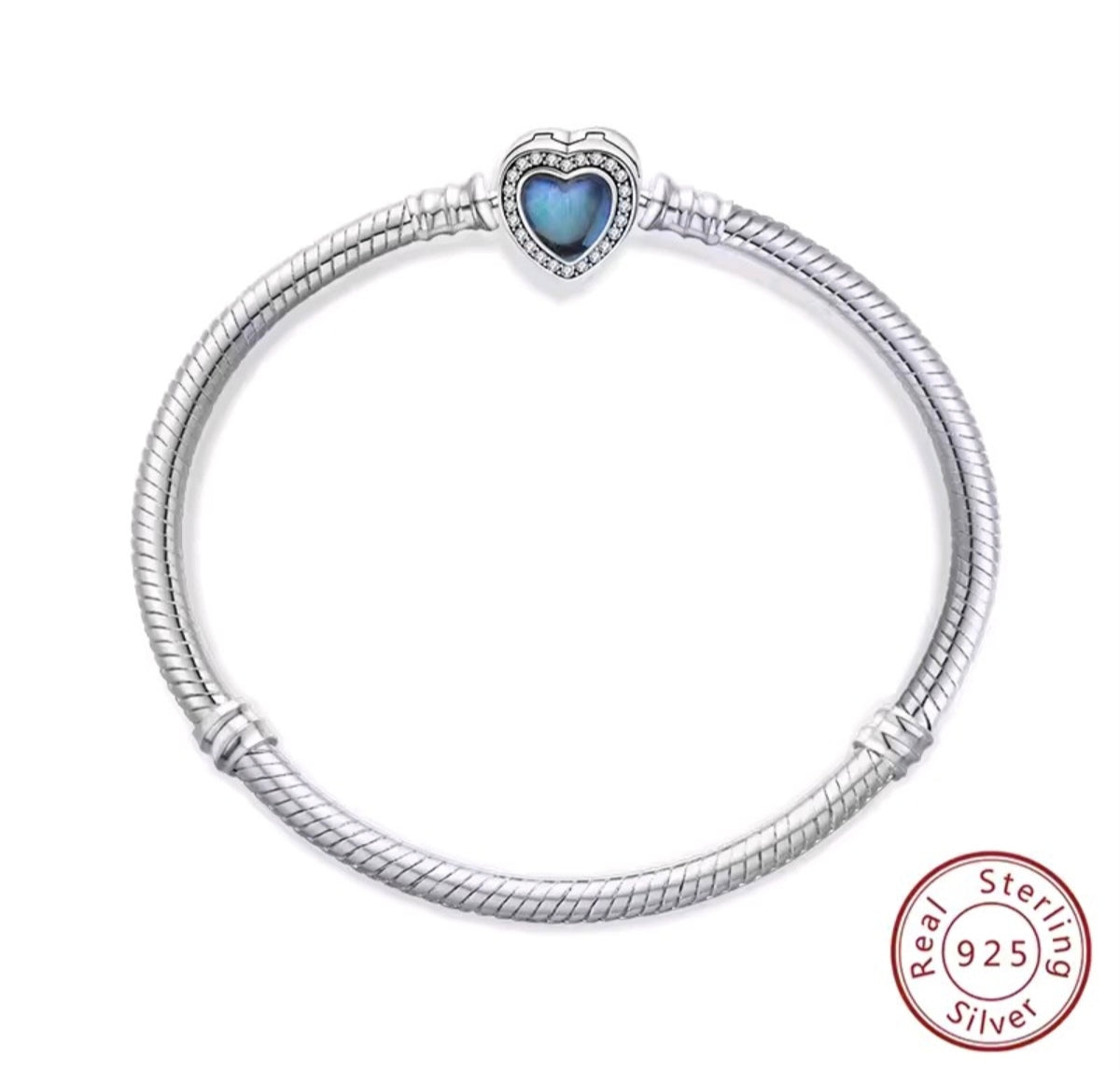 925 Sterling Silver Blue-Hued Heart Snake Chain Bracelet