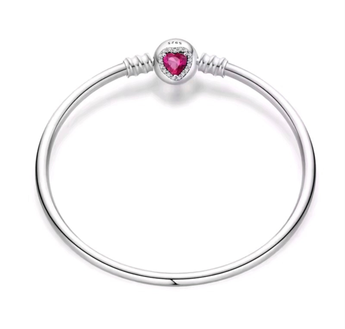 925 Sterling Silver red heart bangle charm bracelet