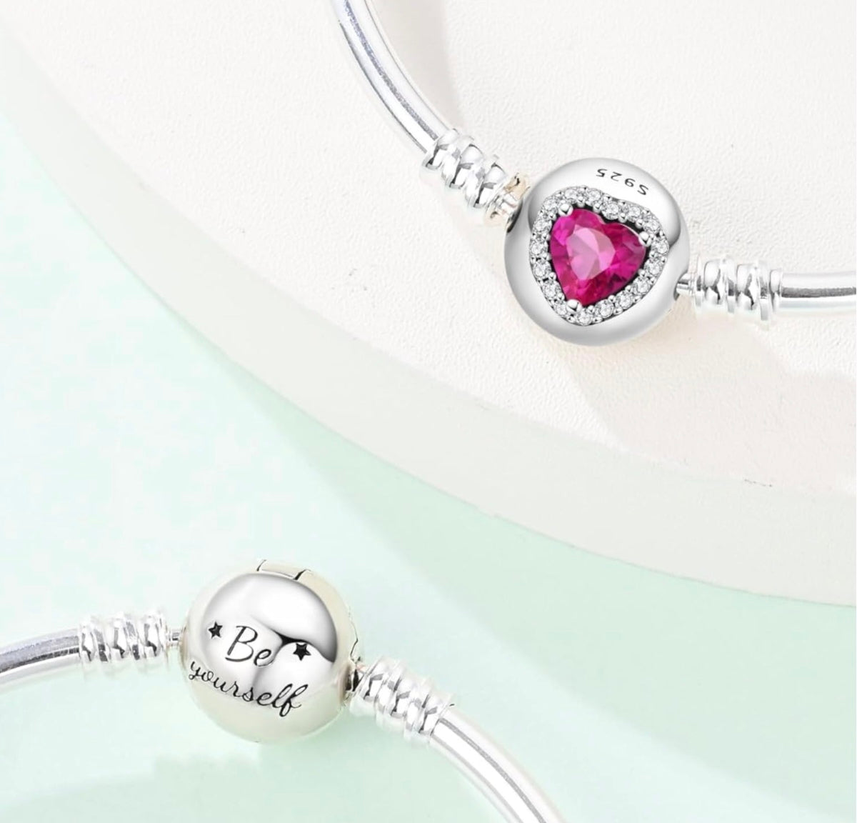 925 Sterling Silver red heart bangle charm bracelet