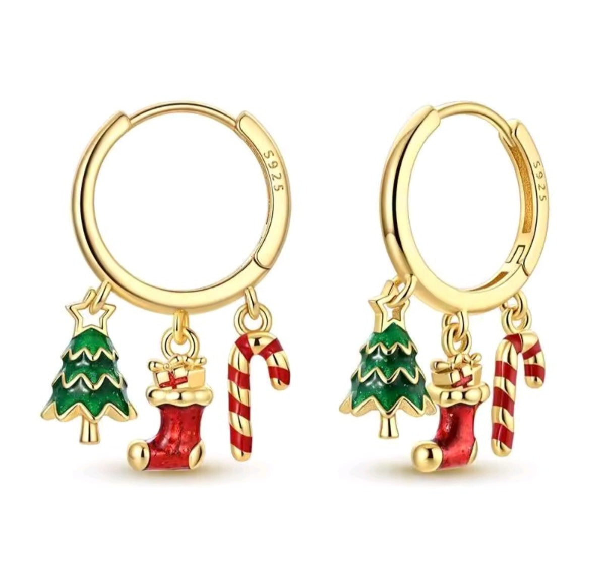925 Sterling Silver gold  Christmas Multi-Charm Huggie Earrings