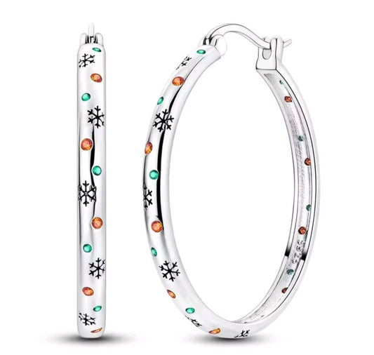 925 Sterling Silver Snowflake & Colorful CZ Hoop Earrings