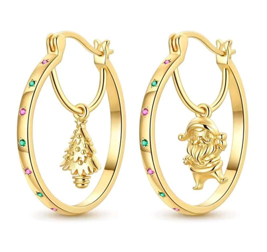 925 Sterling Silver gold plated Christmas Santa and Tree Hoop Earrings.