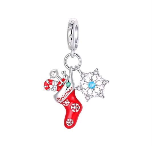 925 Sterling Silver Christmas Stocking & Snowflake Dangle Charm