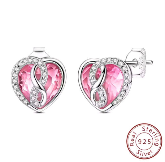 925 Sterling Silver Pink Heart & Infinity Stud Earrings