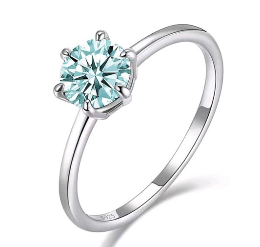 925 Sterling Silver Blue Topaz & Moissanite Round Ring