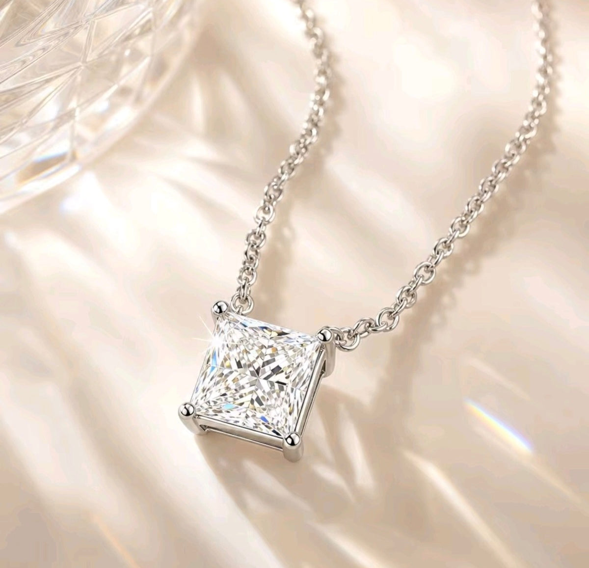 925 Sterling Silver 18K Gold Moissanite Princess-Cut Necklace
