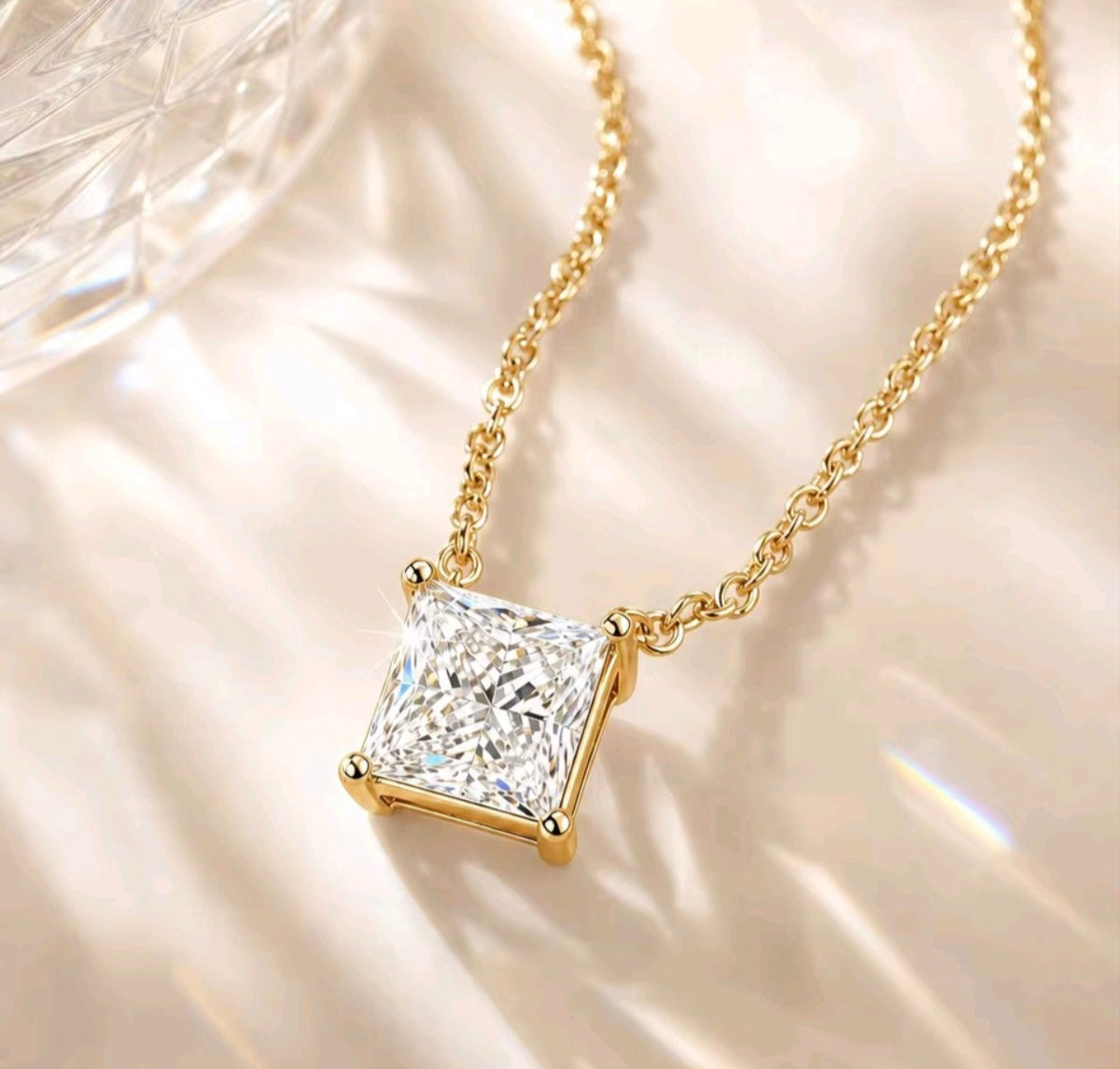 925 Sterling Silver 18K Gold Moissanite Princess-Cut Necklace