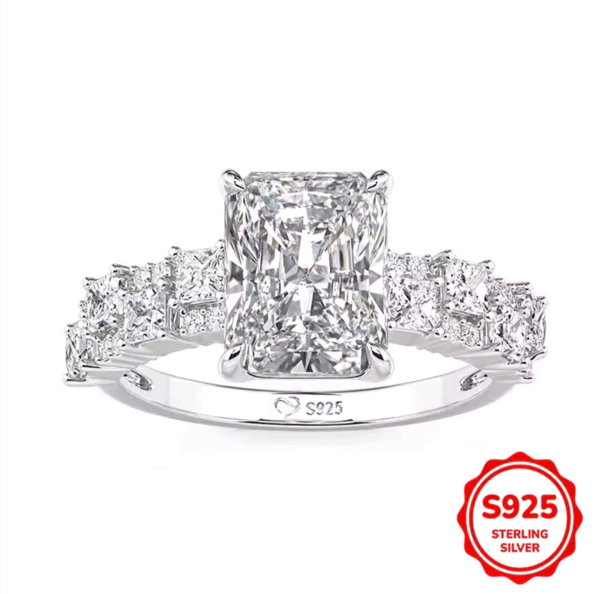 925 Sterling Silver Moissanite Baguette & Cushion Cut Ring
