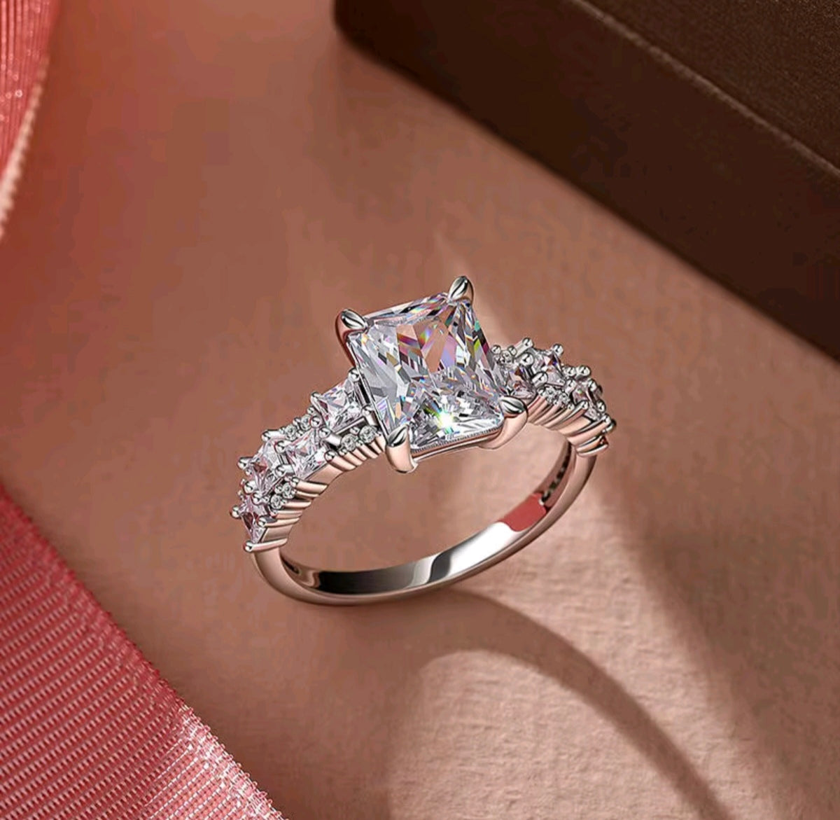 925 Sterling Silver Moissanite Baguette & Cushion Cut Ring