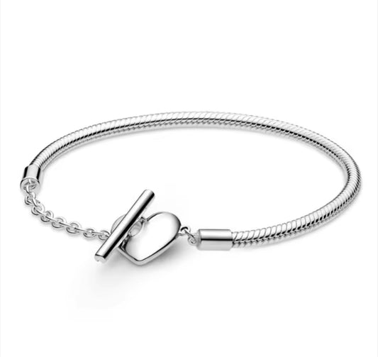 925 Sterling Silver Heart T-Bar Snake Chain Bracelet