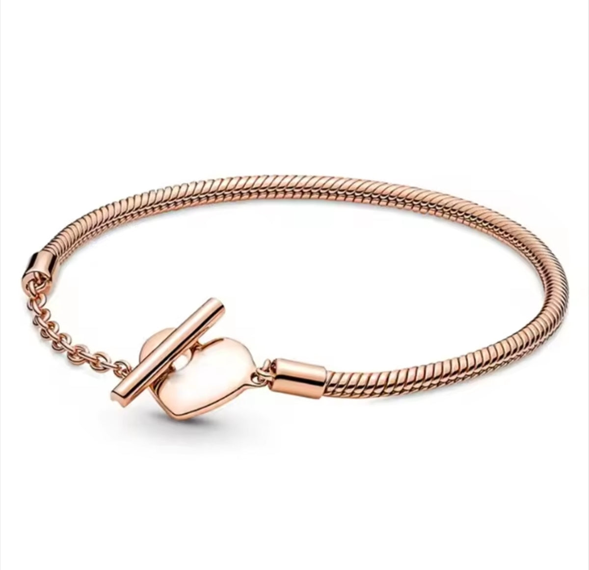 925 Sterling Silver Heart T-Bar Snake Chain Bracelet