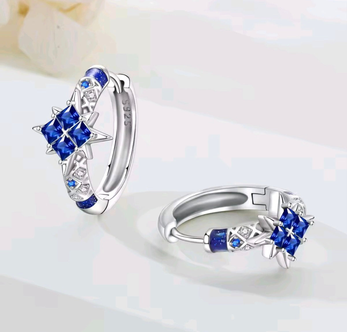 925 Sterling Silver Dark Blue Star Cluster Huggie Hoops
