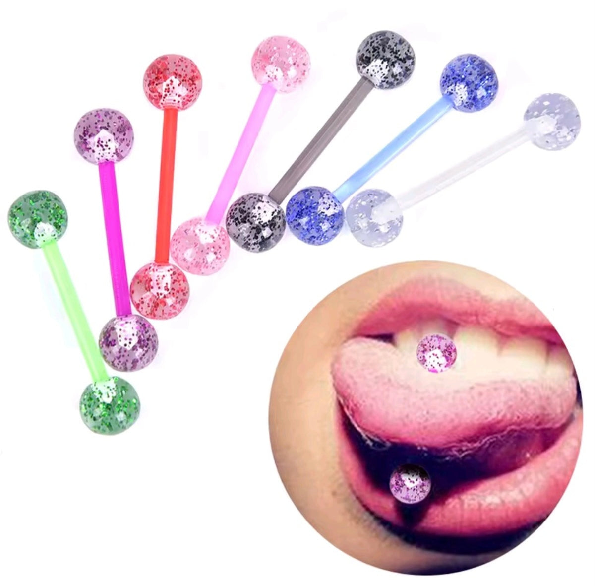 8 Pieces/Set Colorful Glitters Acrylic Barbell Ball Tongue Rings