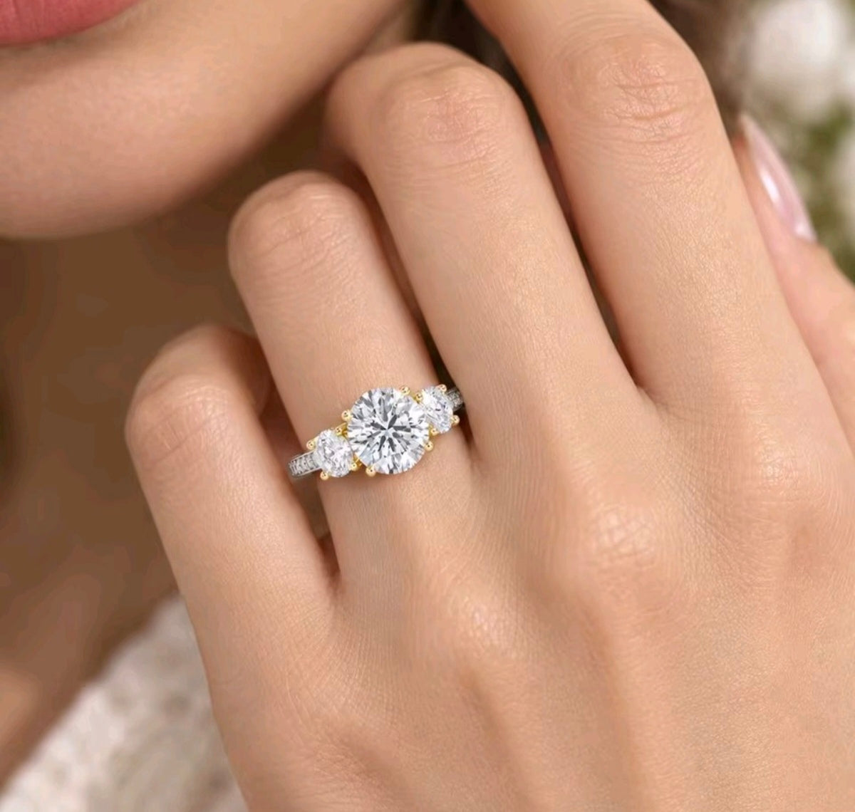 925 Sterling Silver Moissanite Three-Stone Trilogy Ring  Two-Tone 14K Gold Accents