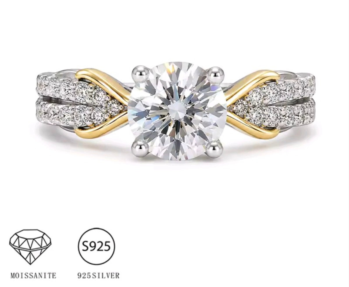 925 Sterling Silver Moissanite Two Tone Twisted Pavé Solitaire Ring