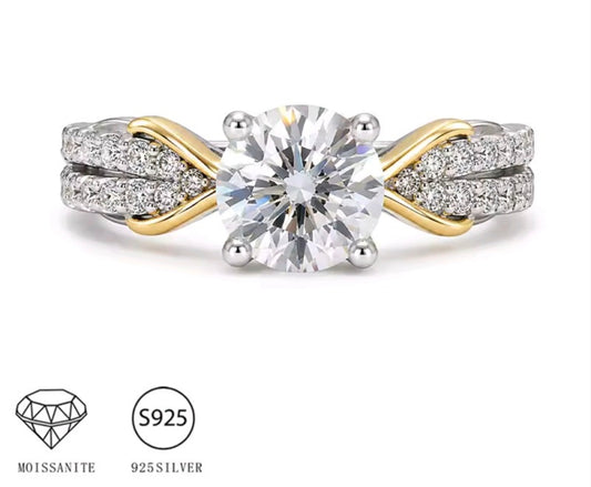 925 Sterling Silver Moissanite Two Tone Twisted Pavé Solitaire Ring