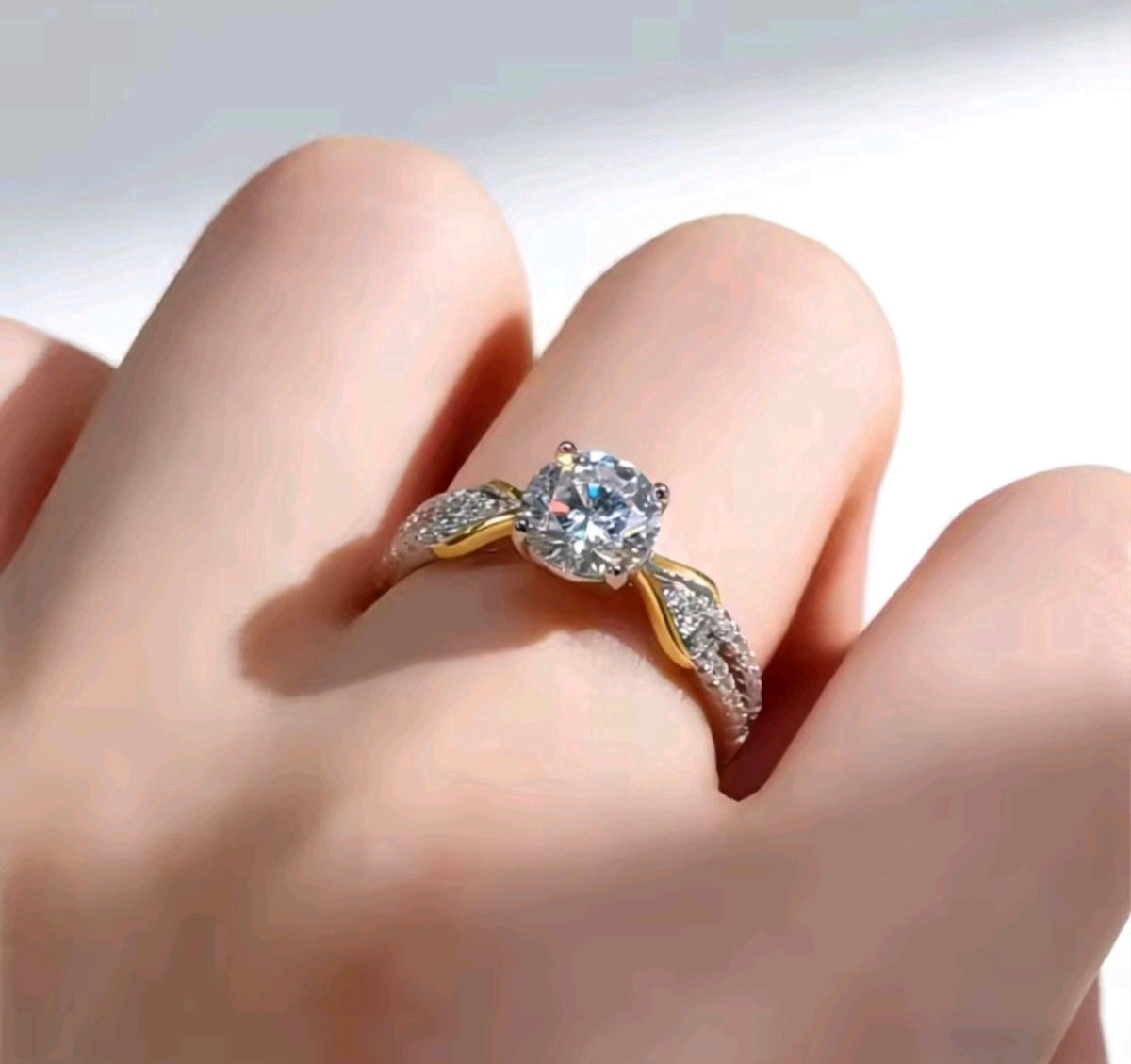 925 Sterling Silver Moissanite Two Tone Twisted Pavé Solitaire Ring