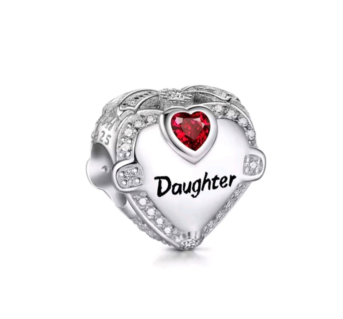 925 Silver Daughter Heart Charm with Red Crystal
