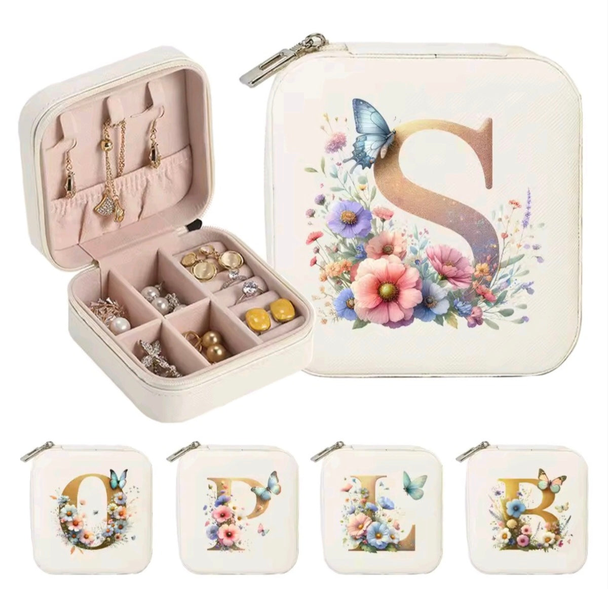 White PU Leather Portable Jewelry Box with Floral Design & Letter