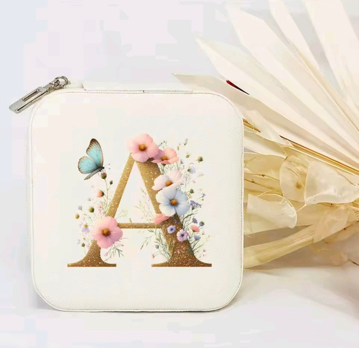 White PU Leather Portable Jewelry Box with Floral Design & Letter