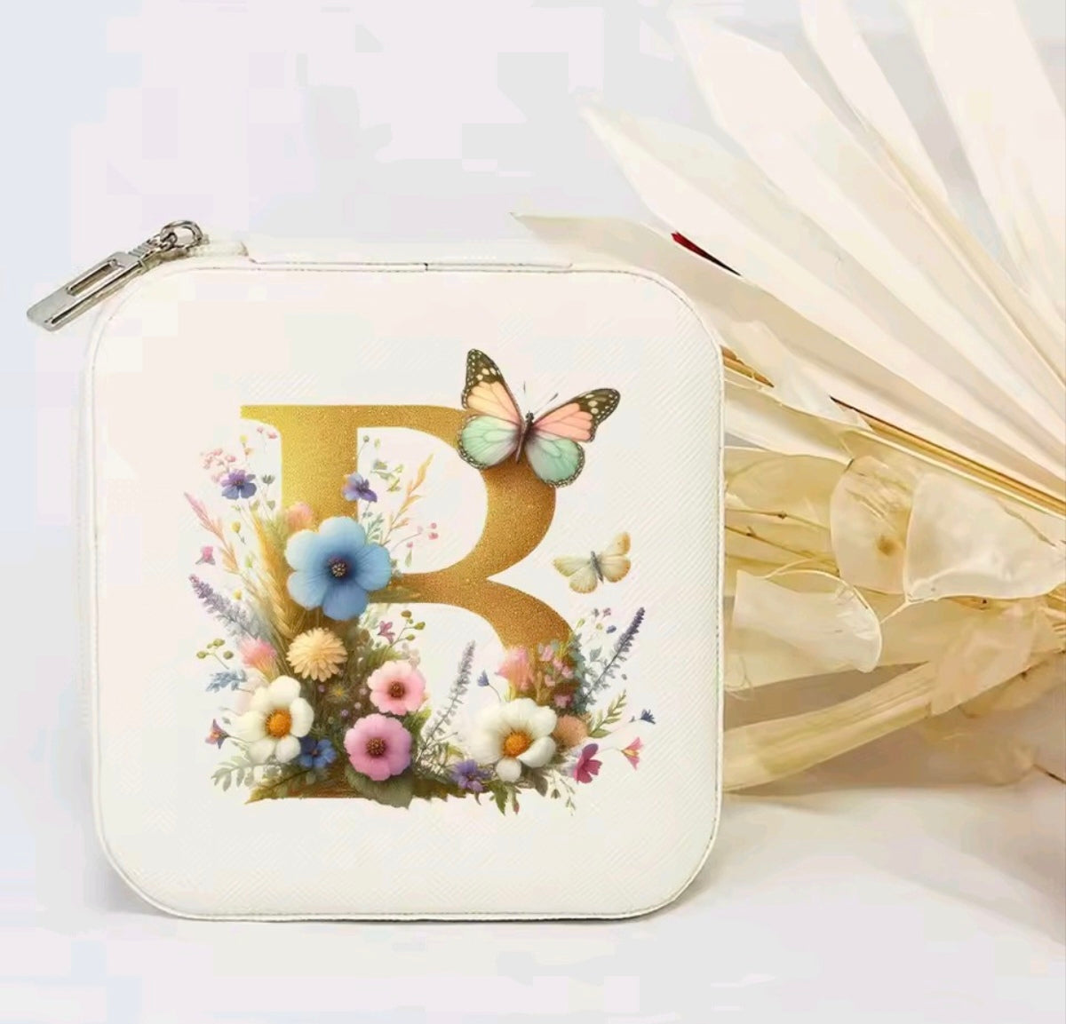 White PU Leather Portable Jewelry Box with Floral Design & Letter