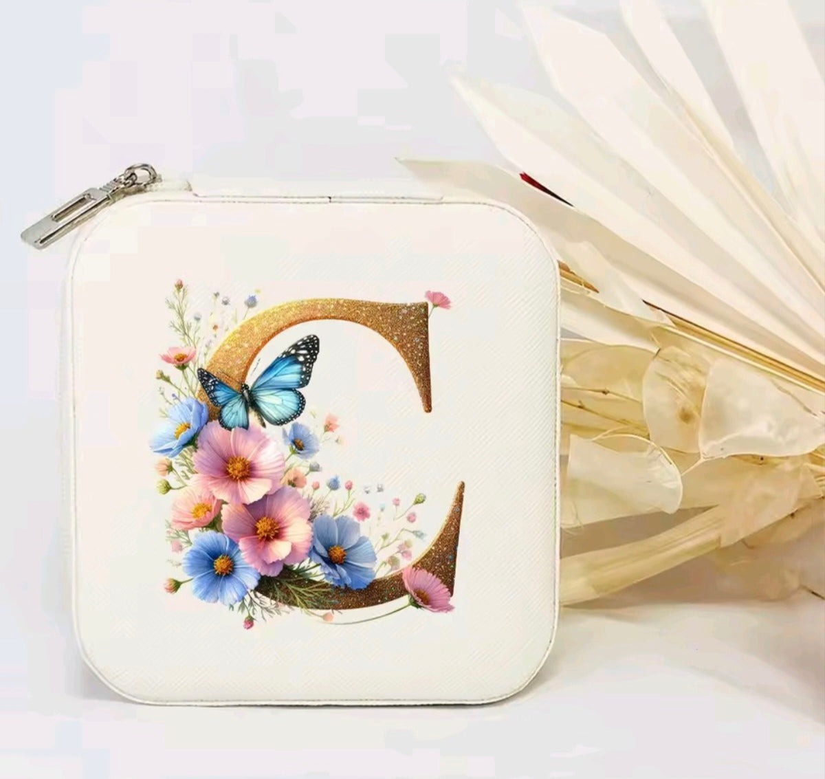 White PU Leather Portable Jewelry Box with Floral Design & Letter