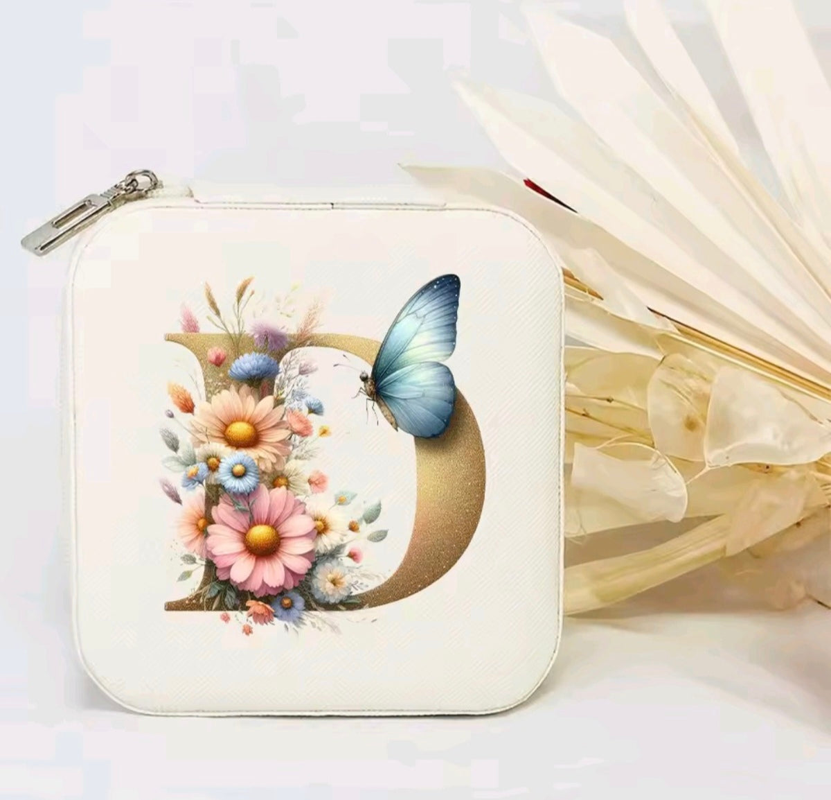 White PU Leather Portable Jewelry Box with Floral Design & Letter