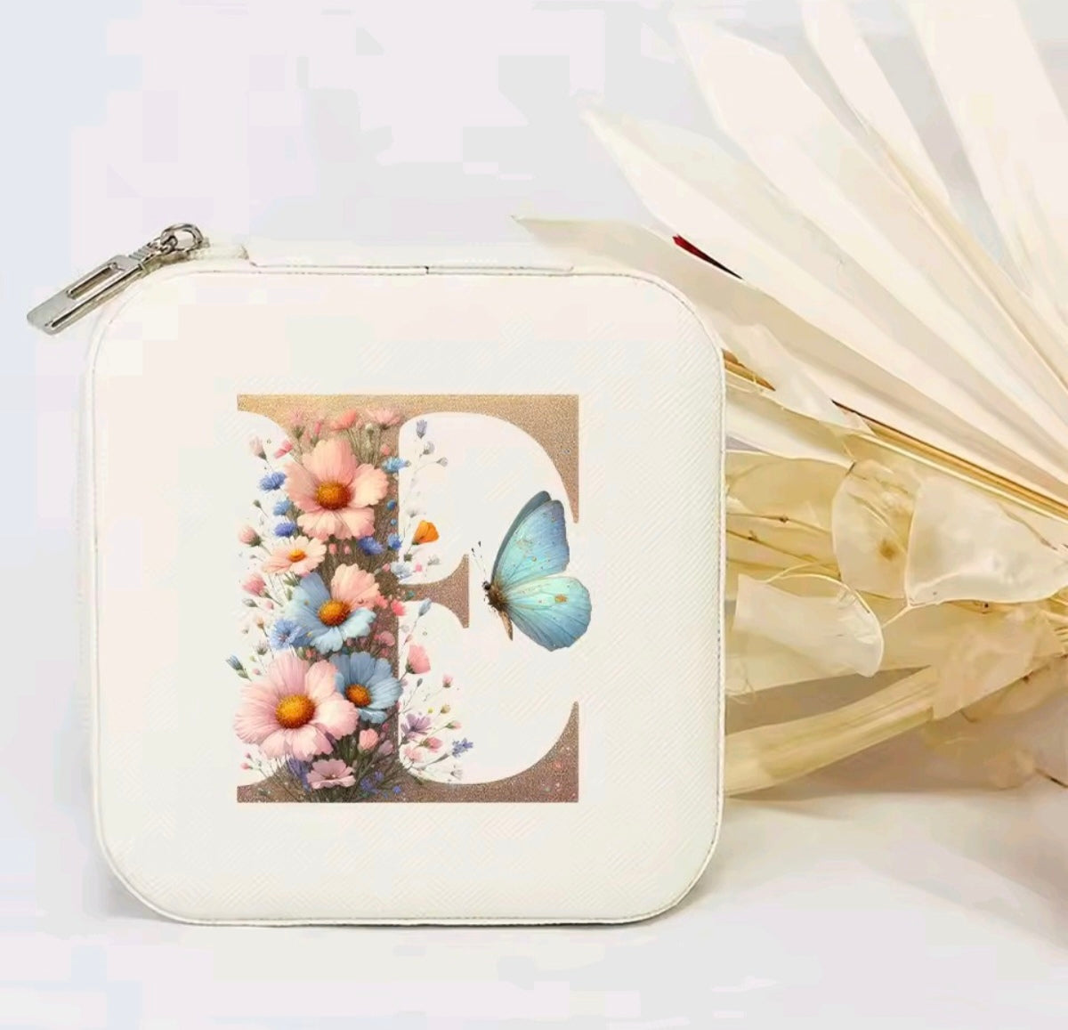 White PU Leather Portable Jewelry Box with Floral Design & Letter