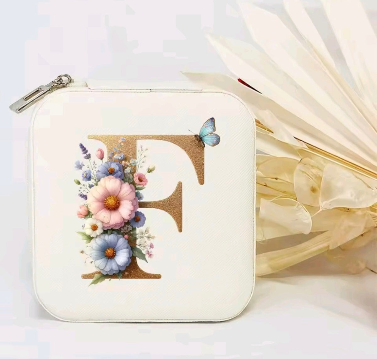 White PU Leather Portable Jewelry Box with Floral Design & Letter