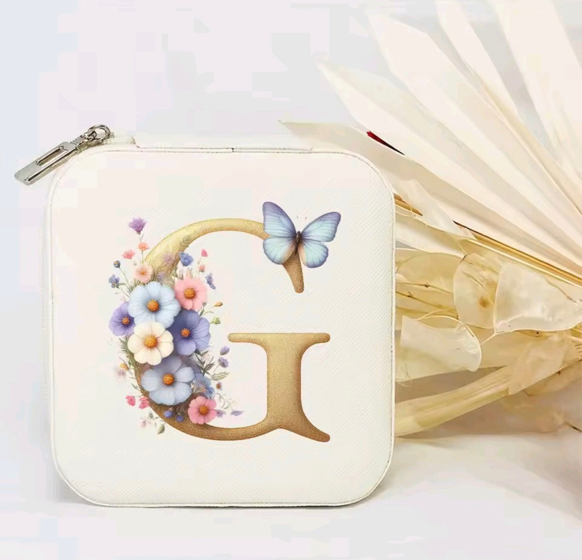 White PU Leather Portable Jewelry Box with Floral Design & Letter