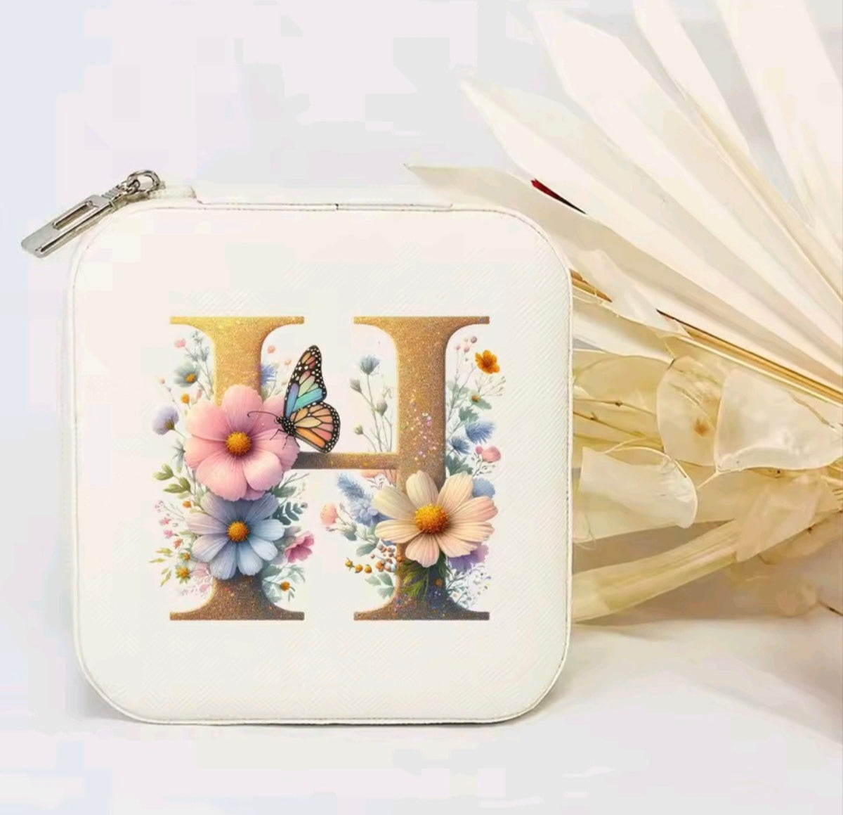 White PU Leather Portable Jewelry Box with Floral Design & Letter