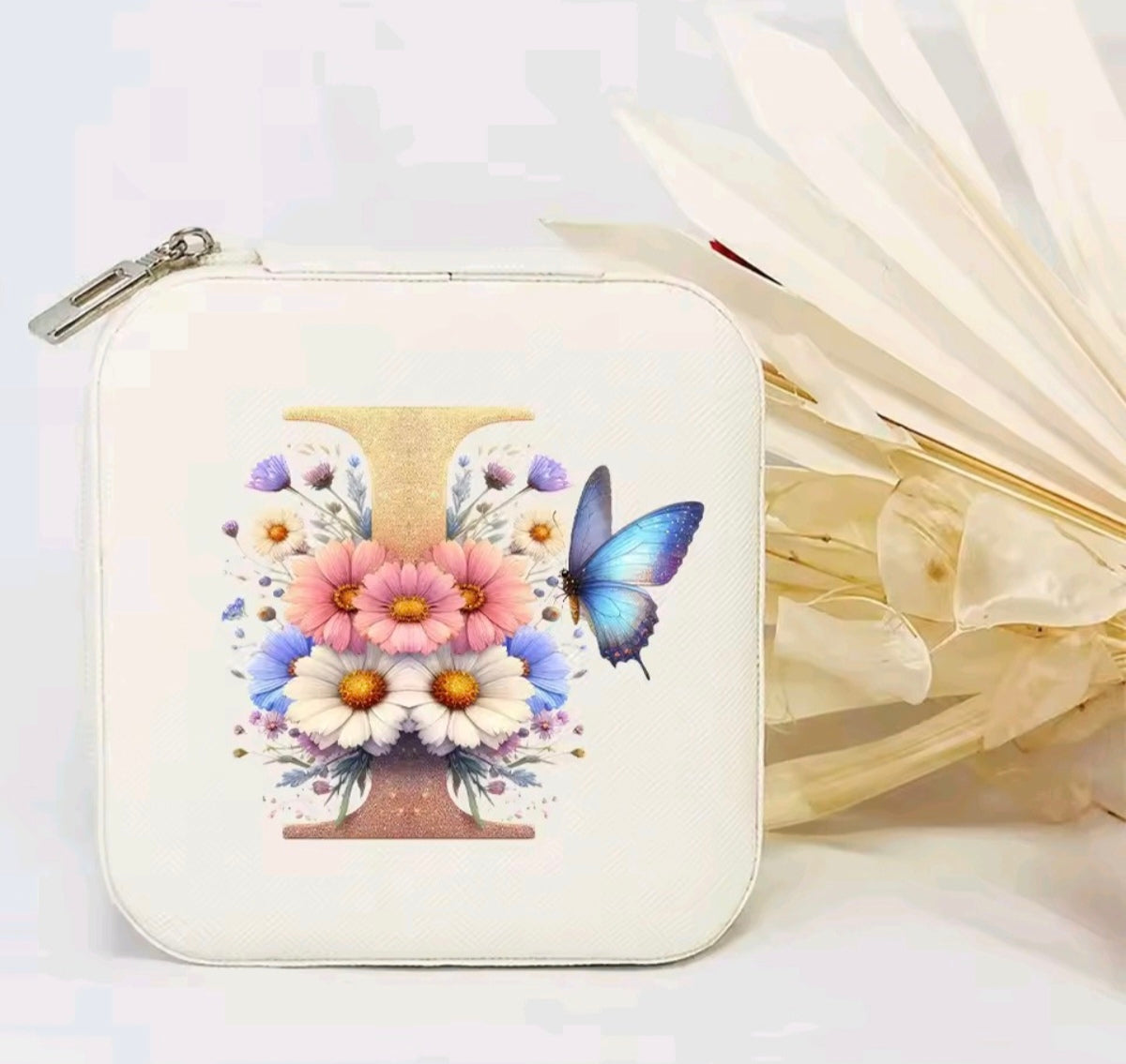 White PU Leather Portable Jewelry Box with Floral Design & Letter