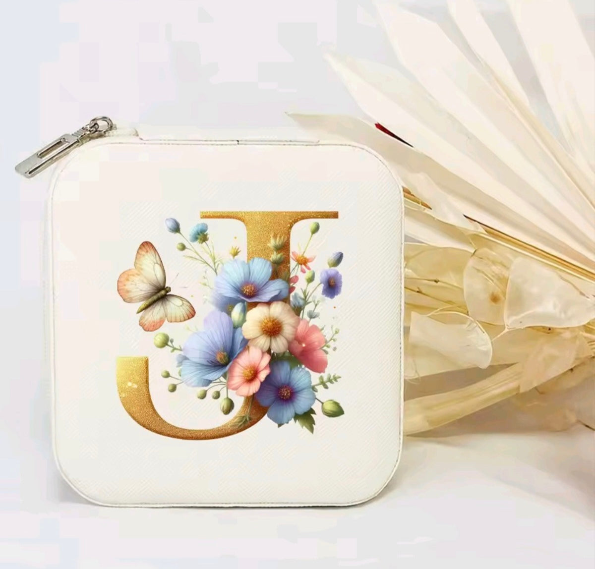 White PU Leather Portable Jewelry Box with Floral Design & Letter
