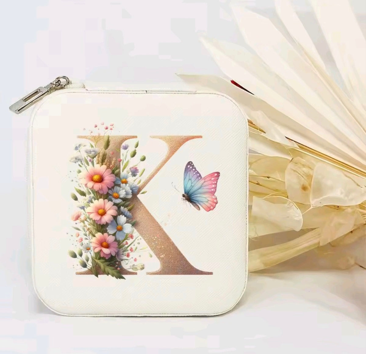 White PU Leather Portable Jewelry Box with Floral Design & Letter