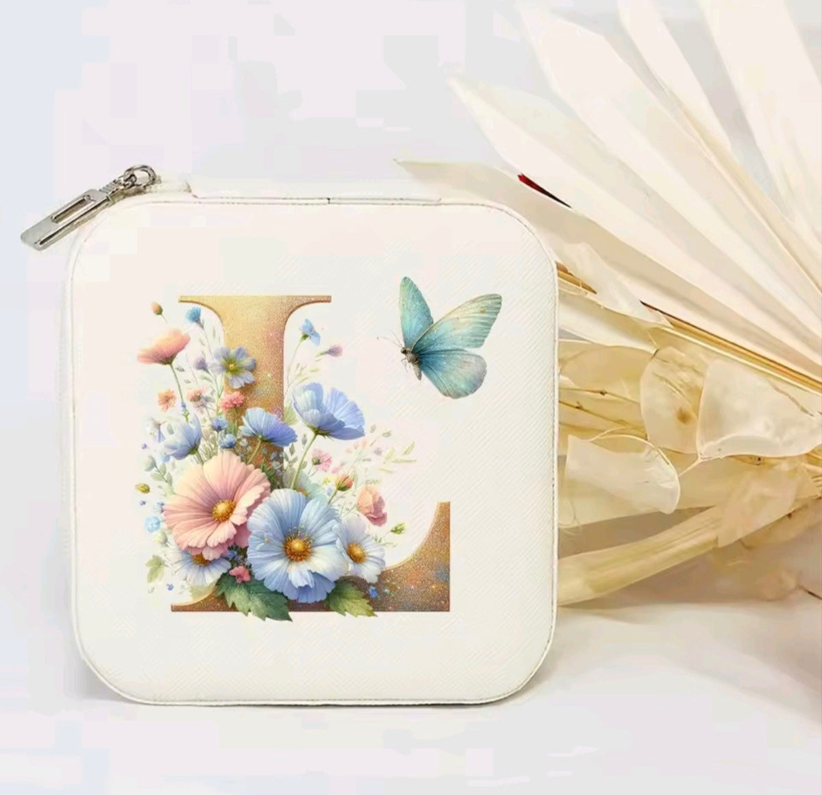 White PU Leather Portable Jewelry Box with Floral Design & Letter